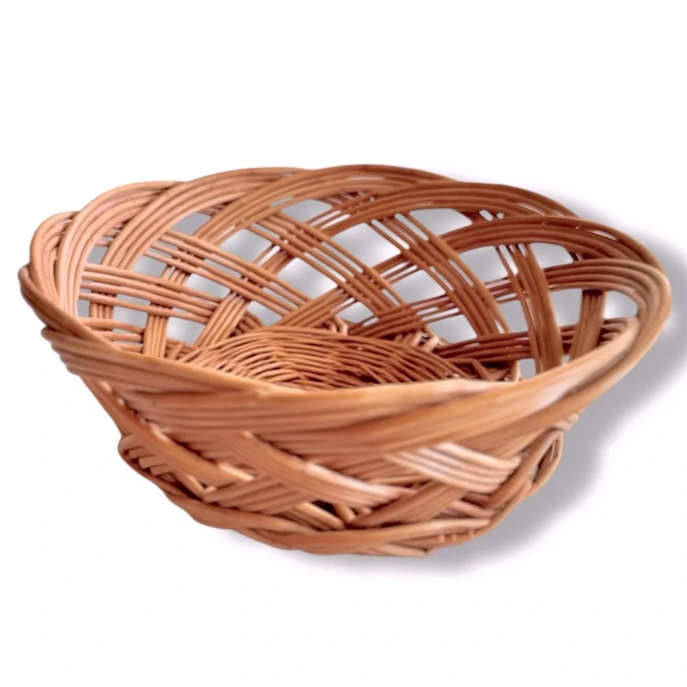 10” Vintage Wooden Tan Woven Basket Rustic Bohemian Bread & Fruit Bowl Basket